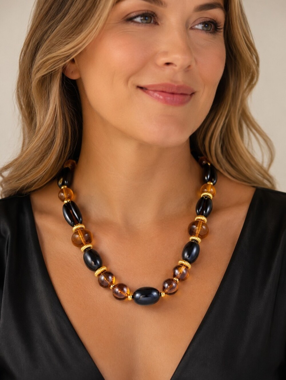 Vintage Black & Amber Lucite Bead Statement Necklace Gold Tone Spacers 17"